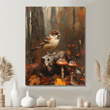 Sparrow Among The Wild Mushrooms - Bird Bedroom Wall Art